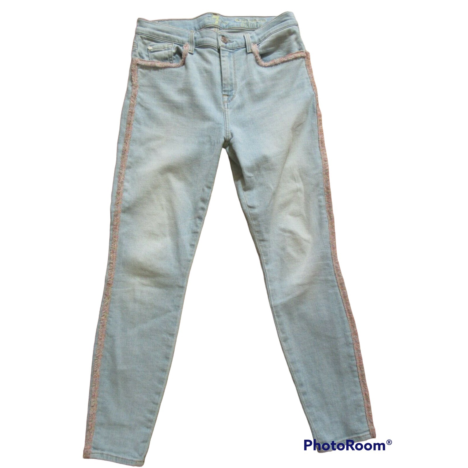 7 For All Mankind High Rise Pink Fringe Ankle Skinny Jeans Sky High Blue 29 31